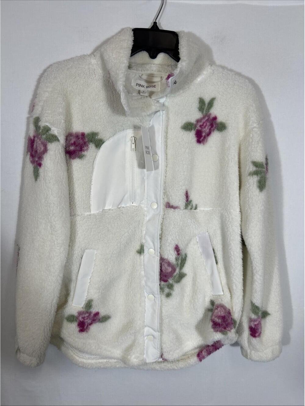 $140 Hippie Rose Sherpa Fleece Jacket Front Button Closure and a Stand Multi S
